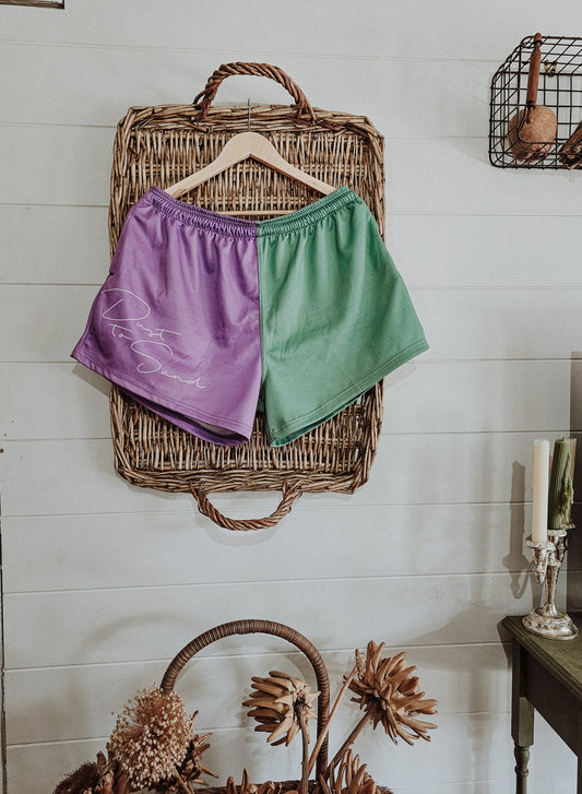 Purple and Green Footy Shorts